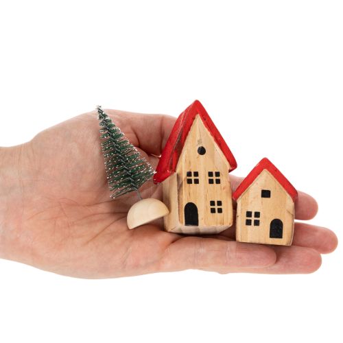 Wooden Decorative House Set with Red Roofs and Green Trees, 12cm, 6 Pieces | Floristik24.co.uk
