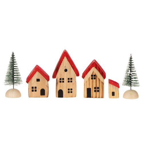 Wooden Decorative House Set with Red Roofs and Green Trees, 12cm, 6 Pieces | Floristik24.co.uk