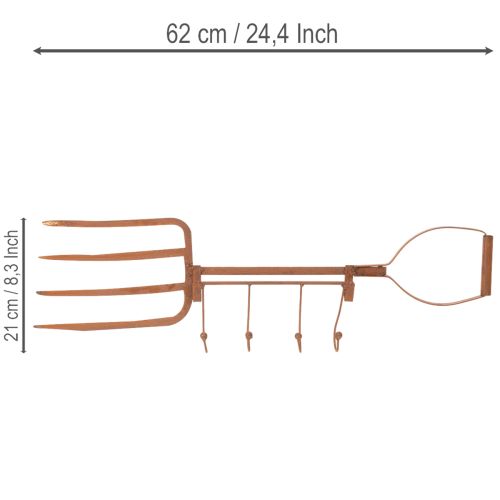 Rusty metal hook rail, decorative hay fork, garden decoration, 4 hooks, 62cm | Floristik24.co.uk