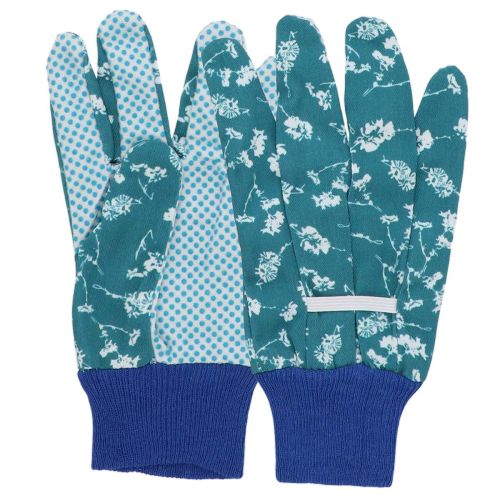 Floral Patterned Blue Gardening Gloves with PVC Dots, Medium Size
