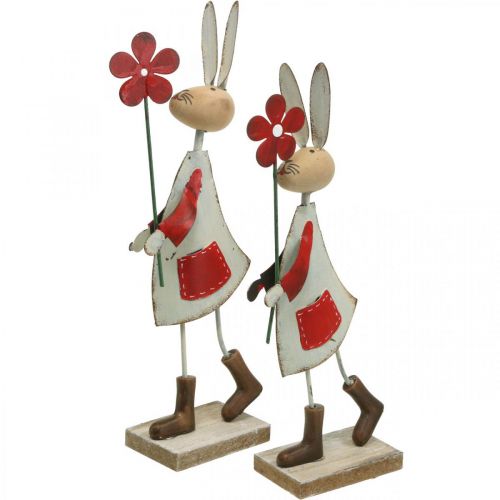 Floristik24 Easter decoration, rabbit made of metal, spring decoration, Easter bunny with flower red, beige H21cm 2pcs