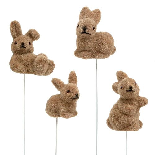 Floristik24 Bunny flocked on wire brown 4cm - 6cm 12pcs