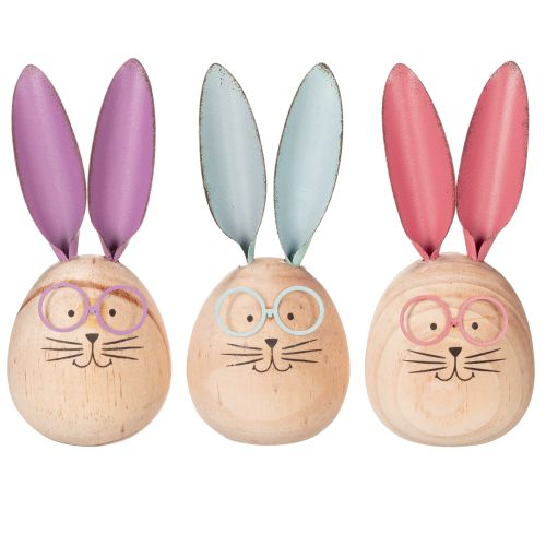 Product Wooden rabbit decorative figures with faces for playful accents on tables and shelves, 14cm, 3 pieces