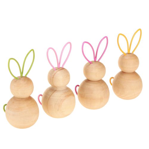 Wooden rabbit decorative figure with wire ears for modern Easter decorations, 11cm, 4 pieces