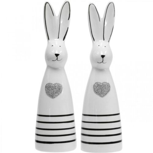 Floristik24 Rabbit ceramic black and white, Easter bunny decoration pair of rabbits with heart H20.5cm 2pcs
