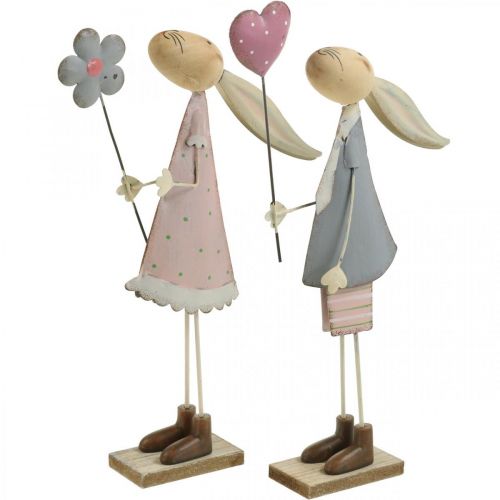 Floristik24 Spring decoration, rabbits made of metal, Easter, pair of rabbits, Valentine&#39;s Day pink, blue 29.5/31.5cm set of 2