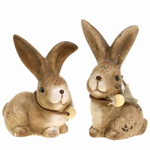 Decorative figures rabbits with feather and wooden pearl brown assorted 7cm x 4.9cm H 10cm 2pcs