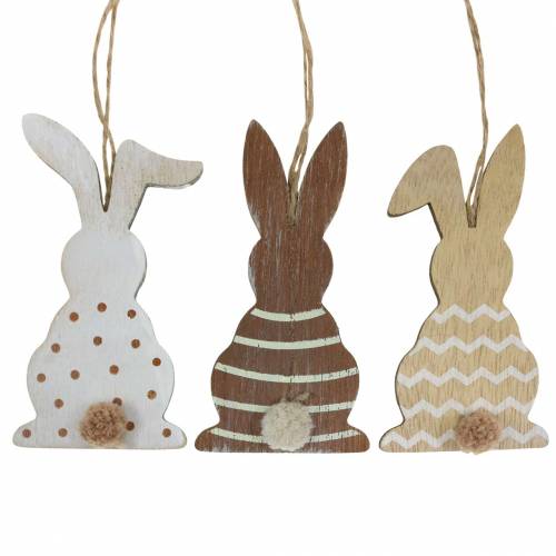 Easter bunny to hang cream, brown, natural wood assorted H11.5cm 6pcs