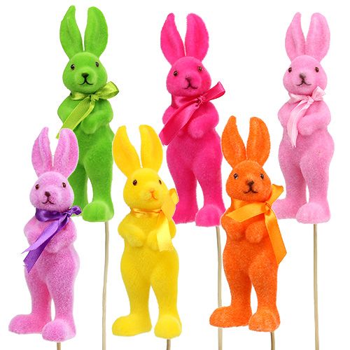 Floristik24 Deko bunny flocked on the rod colorful ass.15cm 6pcs