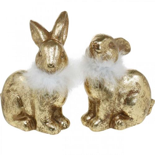 Product Gold rabbit sitting gold colored terracotta with feathers H20cm 2pcs