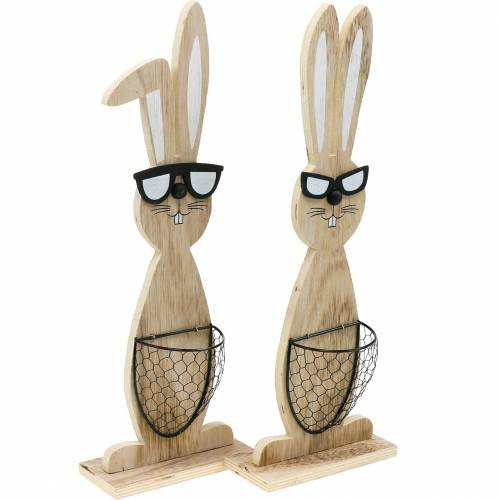 Wooden rabbits with sunglasses and basket nature, Easter decoration, rabbit figure with plant basket, spring decoration 2pcs