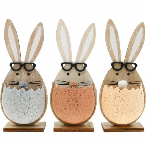 Wooden rabbit in an egg, spring decoration, rabbits with glasses, Easter bunnies 3pcs