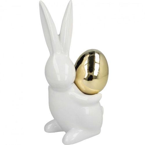 Floristik24 Easter bunnies elegant, ceramic bunnies with gold egg, Easter decoration white, golden H18cm 2pcs