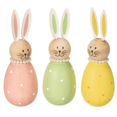 Decorative rabbit figures in pastel wood, Easter bunnies with pearl necklace, 14.5 x 5 cm, 3 pieces