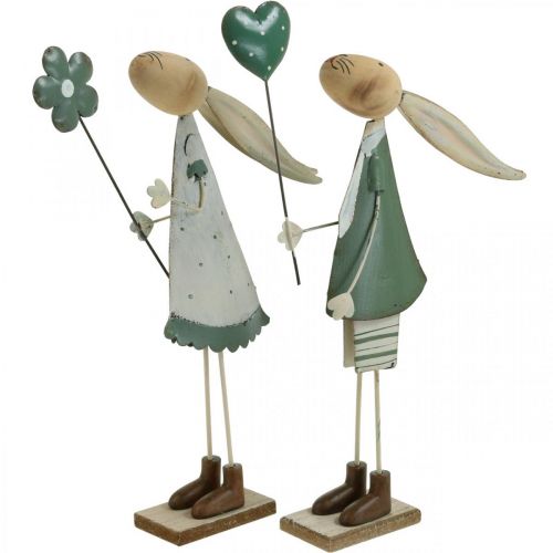 Product Metal Easter Decoration Spring Easter Bunny Couple Table Decoration Green Beige L29.5/31.5cm Set of 2