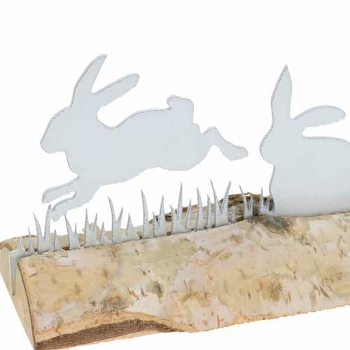 Product Rabbit family metal white on wooden base birch 25cm H9cm