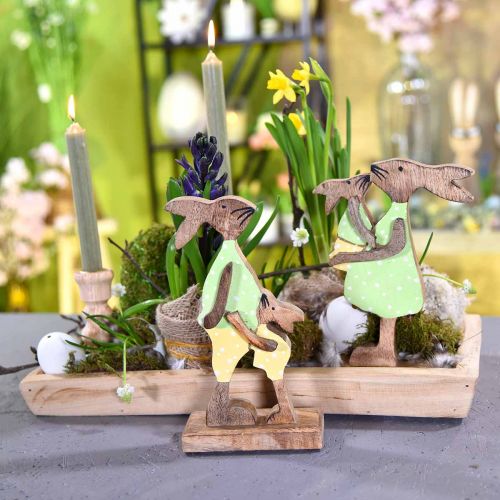 Product Bunny mother with child, Easter decoration, spring, Easter bunny made of wood, natural, green, yellow H22cm
