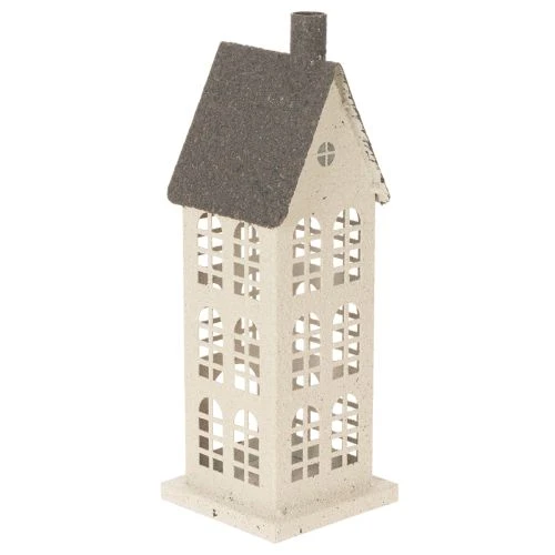 Metal Decorative House with Windows and Chimney, 28cm, Beige and Grey
