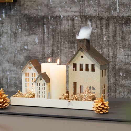 Metal Decorative House with Chimney and Windows, 24cm, Beige and Grey | Floristik24.co.uk