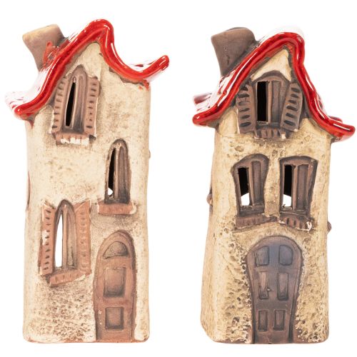 Ceramic house decoration with red roof, light-up house, 15cm, 2 pieces | Floristik24.co.uk