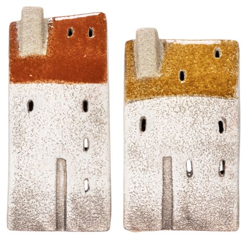 Ceramic house decoration with chimney, tealight house, autumn and winter, 13cm, 2 pieces | Floristik24.co.uk
