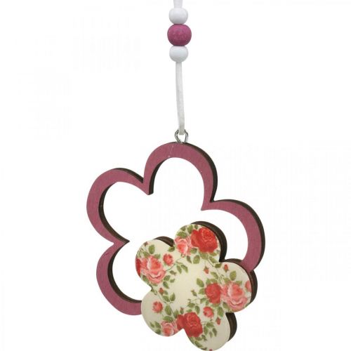 Product Spring pendant, butterfly heart flower, wooden decoration with flower pattern H8.5/9/7.5cm 6pcs