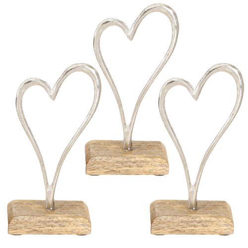 Product Heart Decoration Metal Wood Base Natural Silver H15.5cm 3 Pcs