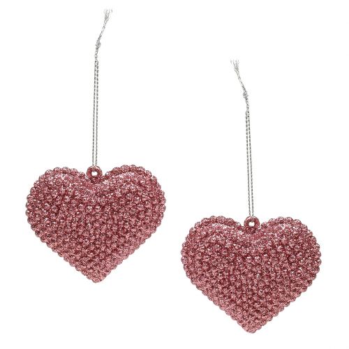 Pink heart for hanging with mica 6,5cm x 6,5cm 12pcs
