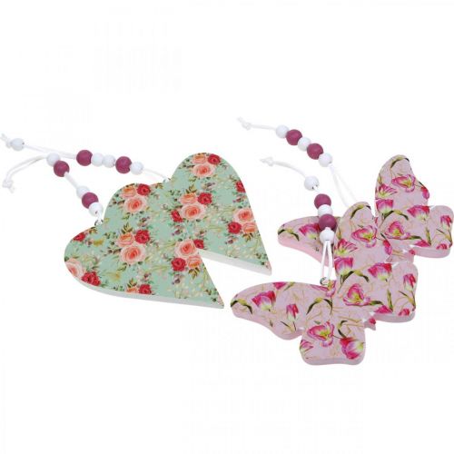 Product Pendant with flower pattern, heart and butterfly, spring decoration for hanging H11.5/8.5cm 4pcs