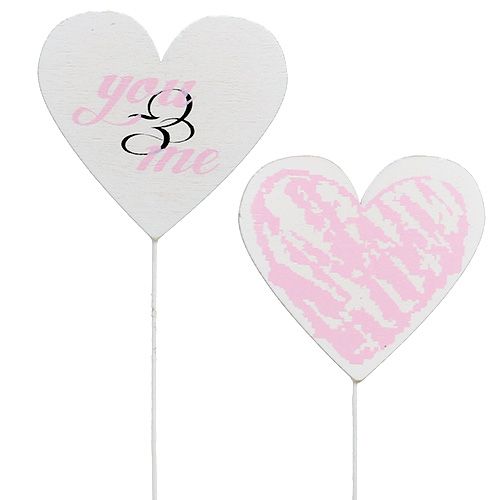 Heart on the rod 7cm white, pink 12pcs