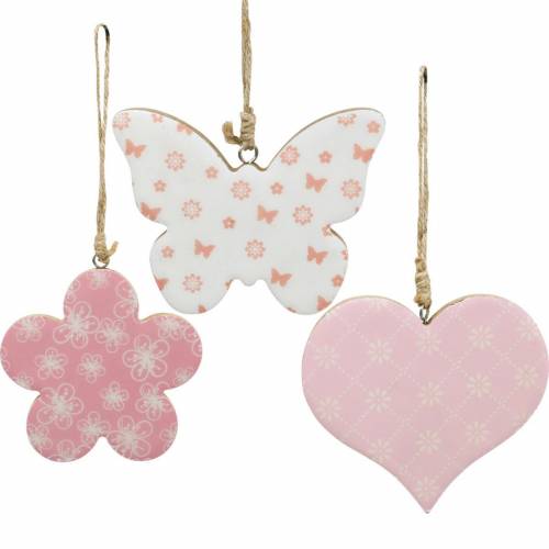 Floristik24 Hanging decoration heart flower butterfly white, pink wood spring decoration 6pcs