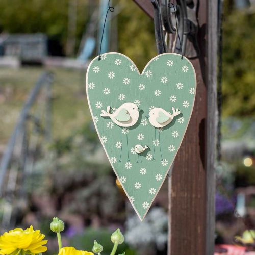 Product Heart to hang, wooden decoration with birds, door decoration, spring green, yellow H22cm set of 3