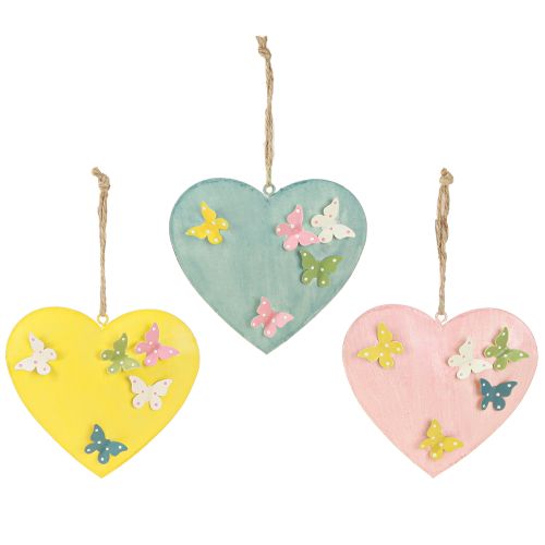 Decorative heart pendants with butterflies for spring decoration, 10.5cm, 3 pieces