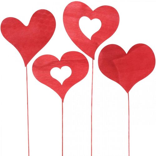 Floristik24 Flower plug heart, wooden decoration to stick, Valentine&#39;s Day, red decorative plug, Mother&#39;s Day L31-33cm 24pcs