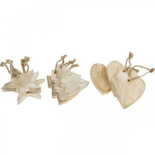 Floristik24 Wooden pendant, fir / heart / star, Christmas decoration set H7.5/8cm 9 pcs