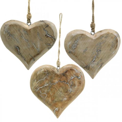 Floristik24 Wedding decoration, heart pendant, Valentine&#39;s Day, wooden decoration with pattern nature, washed white 14×15.5cm 3pcs