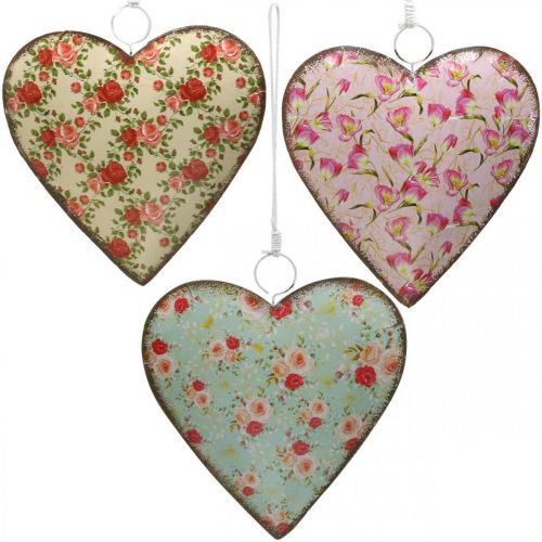 Floristik24 Heart to hang, Valentine&#39;s Day, heart decoration with roses, Mother&#39;s Day, metal decoration H16cm 3pcs