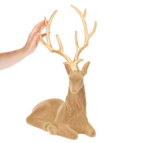 Flocked Lying Stag Decoration with Gold Antlers, 58cm, Light Brown | Floristik24.co.uk