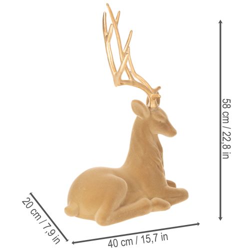 Flocked Lying Stag Decoration with Gold Antlers, 58cm, Light Brown | Floristik24.co.uk