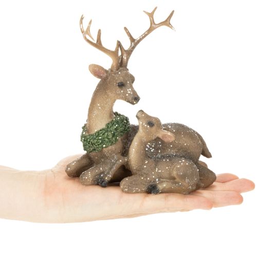 Deer Family Figurine with Snow, Plastic, 17cm, Brown-Green-White, Indoor Winter Decoration | Floristik24.co.uk