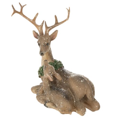 Deer Family Figurine with Snow, Plastic, 17cm, Brown-Green-White, Indoor Winter Decoration | Floristik24.co.uk