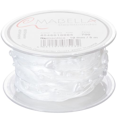 Product Wedding decoration organza ribbon white 10mm x 5m with hearts &amp; pearls