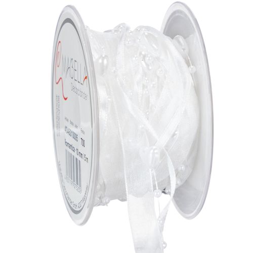Floristik24 Wedding decoration organza ribbon white 10mm x 5m with hearts &amp; pearls