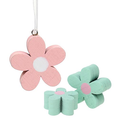 Wooden flowers for hanging, scatter decoration pink, green 12 pcs