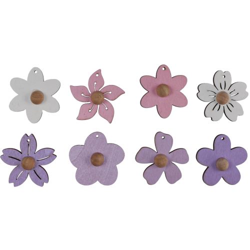 Product Wooden flowers hanging decoration wood purple, pink, white 4.5cm 24pcs