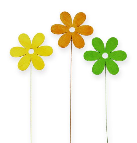 Floristik24 Wooden flower on the wire 8cm 3-colored sort. 12st