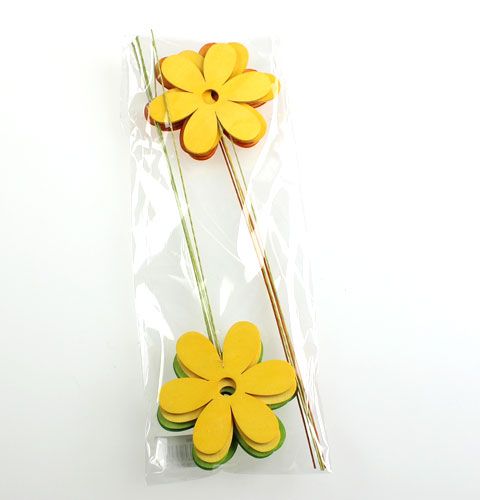 Floristik24 Wooden flower on the wire 8cm 3-colored sort. 12st