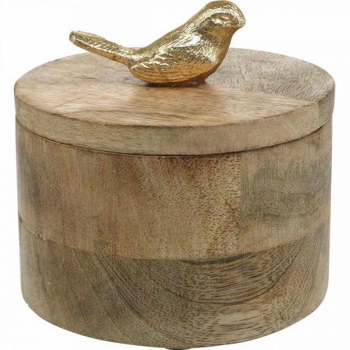 Product Jewelry box with bird, spring, deco box made of mango wood, real wood natural, golden H11cm Ø12cm
