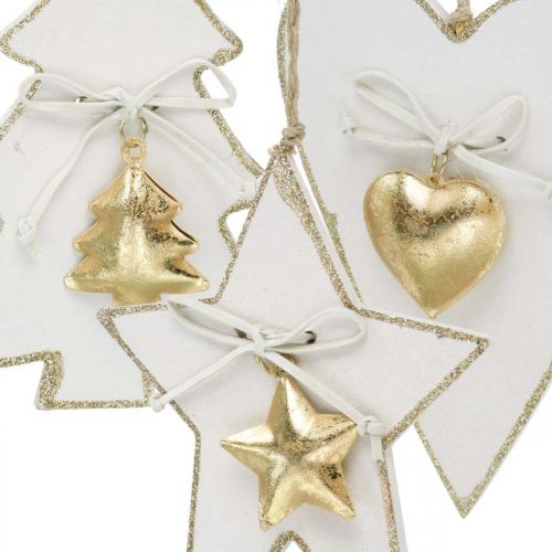 Floristik24 Christmas pendant heart / fir / star, wood decoration, tree decoration with bells white, golden H14.5 / 14 / 15.5cm 3pcs