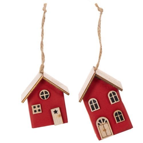 Set of 6 Hanging Wooden Houses, Scandinavian Style, Red/Natural, 7cm | Floristik24.co.uk